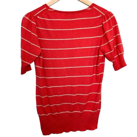 Banana Republic Silk Blend V-Neck Sweater S Short Sleeves Red Coral Beige Stripe - Picture 2 of 10